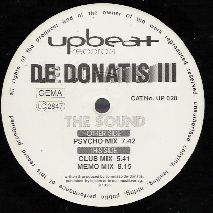 Tommaso De Donatis - The Sound, Electronic, Hard Trance, Trance, 1996 - Upbeat Records, Germany, Vinyl 1x 12"
