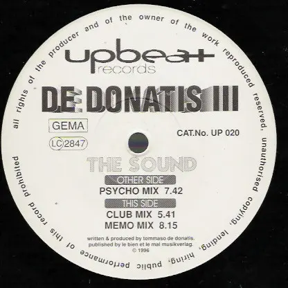 Tommaso De Donatis - The Sound, Electronic, Hard Trance, Trance, 1996 - Upbeat Records, Germany, Vinyl 1x 12"