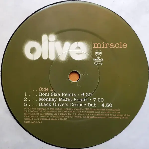 Olive - Miracle, Electronic, Breakbeat, Deep House, Drum n Bass, 1997 - BMG, RCA, UK, Vinyl 1x 12", 33 ⅓ RPM
