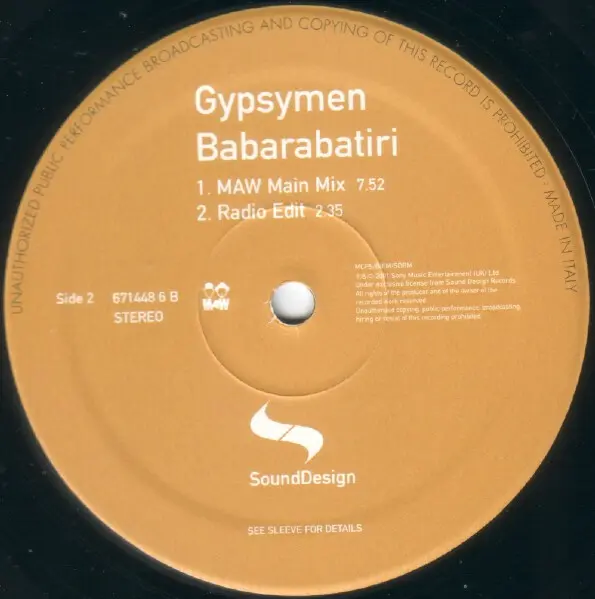 Gypsymen - Babarabatiri, Electronic, House, Latin, 2001 - Sound Design, Italy, Vinyl 1x 12", 33 ⅓ RPM