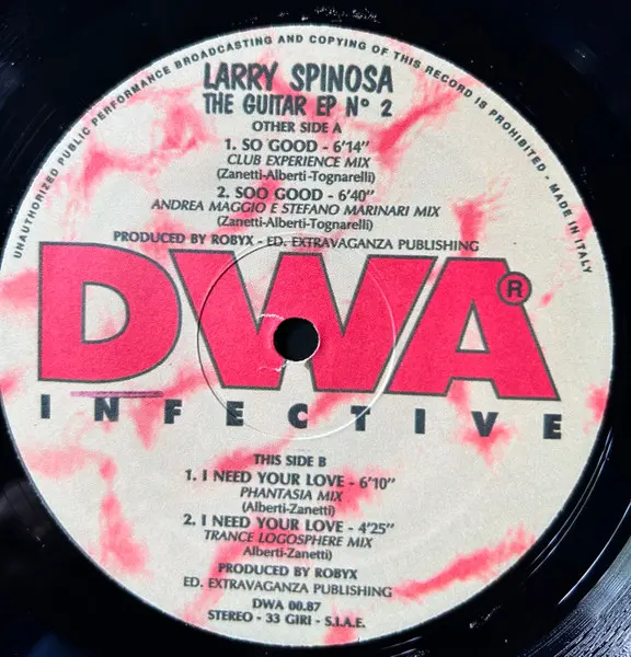 Larry Spinosa - The Guitar E.P. Nº 2, Electronic, Euro House, 1993 - DWA (Dance World Attack), Italy, Vinyl 1x 12", 33 ⅓ RPM,