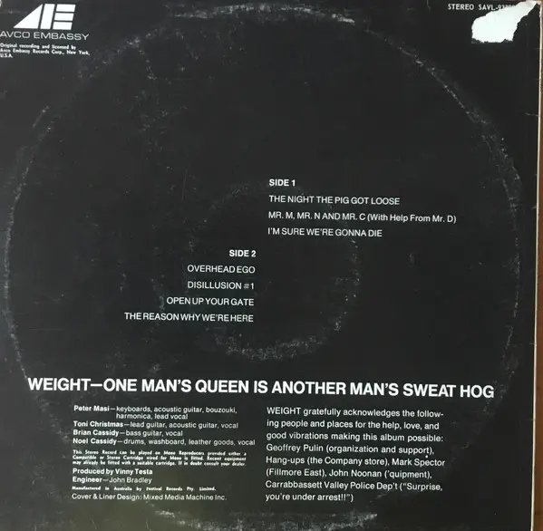 Weight (2) - One Man's Queen Is Another Man's Sweat Hog, Rock, Prog Rock, Psychedelic Rock, 1970 - AVCO Embassy, Australia, V
