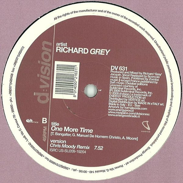 Richard Grey - One More Time, Electronic, House, 2009 - D:vision Records, Italy, Vinyl 1x 12", 45 RPM