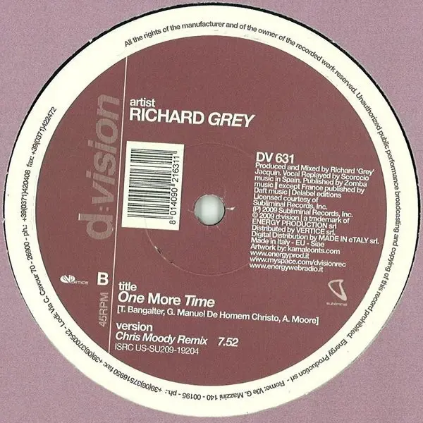 Richard Grey - One More Time, Electronic, House, 2009 - D:vision Records, Italy, Vinyl 1x 12", 45 RPM