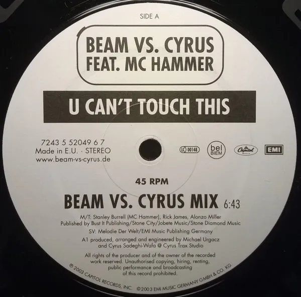 Album cover for U Can't Touch This by Beam Vs. Cyrus Feat. MC Hammer