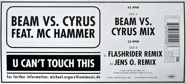 Album cover for U Can't Touch This by Beam Vs. Cyrus Feat. MC Hammer