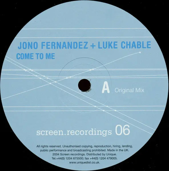Jono Fernandez + Luke Chable - Come To Me, Electronic, Progressive House, 2004 - Screen Recordings, UK, Vinyl 1x 12", 33 ⅓ RP