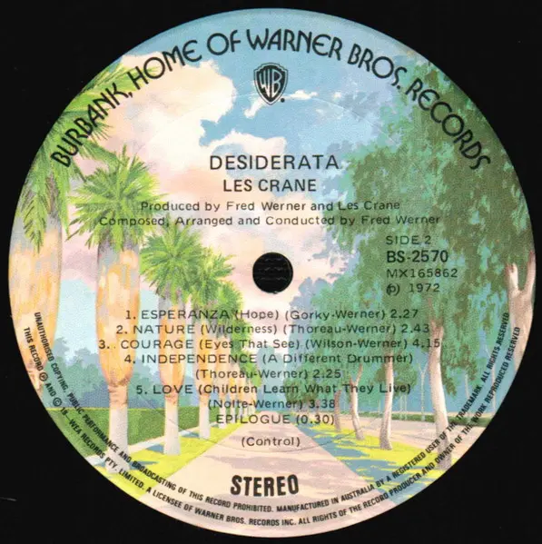 Les Crane - Desiderata, Funk / Soul, Jazz, Non-Music, Abstract, Psychedelic, Spoken Word, 1973 - Warner Bros. Records, Austra