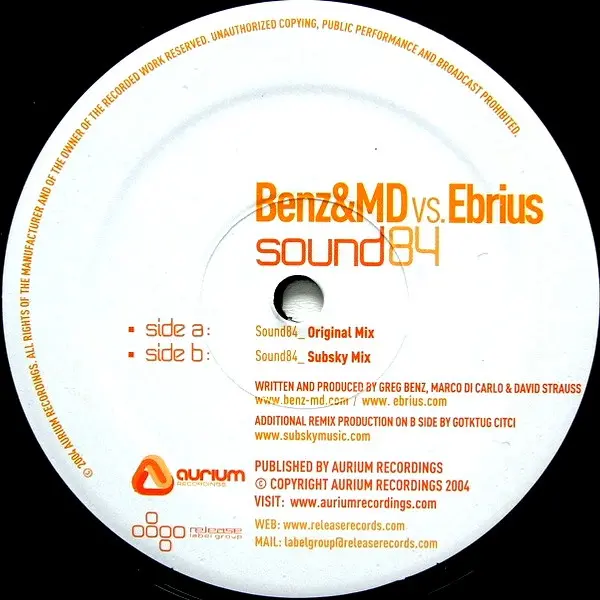 Benz & MD vs. Ebrius - Sound84, Electronic, Progressive House, Progressive Trance, 2004 - Aurium Recordings, UK, Vinyl 1x 12"