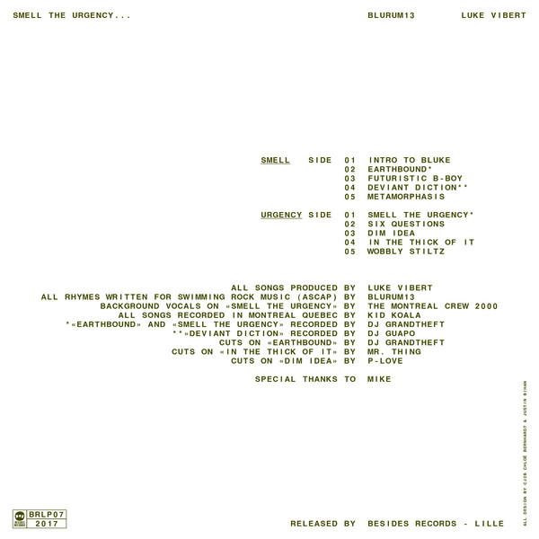 Blu Rum 13 & Luke Vibert - Smell The Urgency, Electronic, Hip Hop, Electro, Hip Hop, 2017 - Besides Records (2), France, Viny