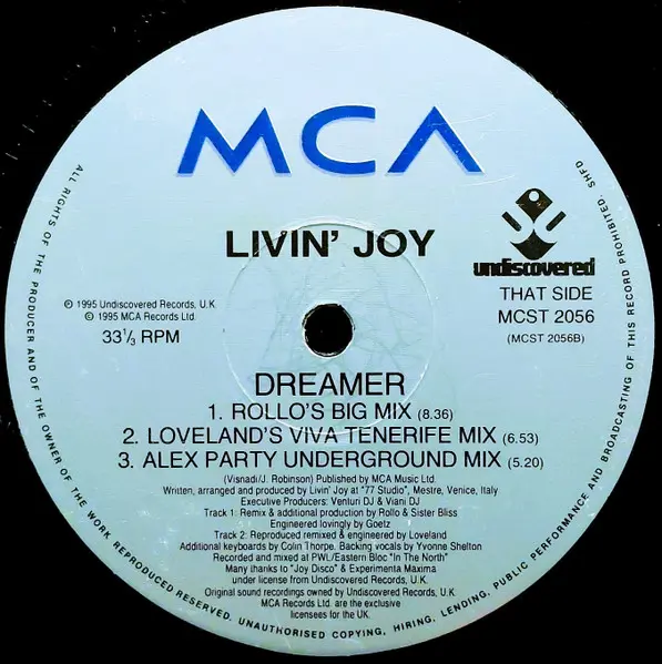 Livin' Joy - Dreamer, Electronic, Euro House, House, 1995 - MCA Records, UK, Vinyl 1x 12", 33 ⅓ RPM