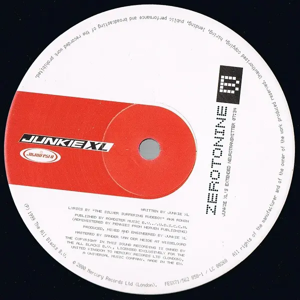 Junkie XL - Zerotonine, Electronic, Progressive Trance, 2000 - Manifesto, UK, Vinyl 1x 12", 33 ⅓ RPM