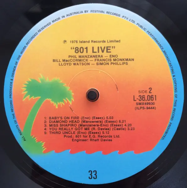 801 - 801 Live, Electronic, Rock, Ambient, Classic Rock, Prog Rock, Rock & Roll, 1976 - Island Records, Australia, Vinyl 1x L