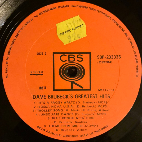 Dave Brubeck - Dave Brubeck's Greatest Hits, Jazz, Cool Jazz, CBS, Australia, Vinyl 1x LP, Compilation, Reissue, Stereo