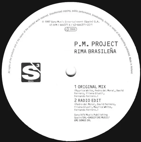 P.M. Project - Rima Brasileña, Electronic, House, 1997 - S3 Ibiza, Spain, Vinyl 1x 12", 45 RPM
