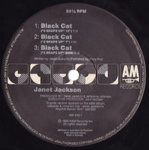 Janet Jackson - Black Cat, Electronic, House, Synth-pop, 1990 - A&M Records, Polydor, Australasia, Vinyl 1x 12", 33 ⅓ RPM, Si