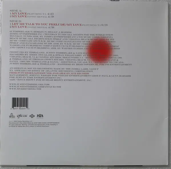 Justin Timberlake Featuring T.I. - My Love, Funk / Soul, Hip Hop, Pop, Contemporary R&B, 2006 - Jive, US, Vinyl 1x 12", 33 ⅓ 