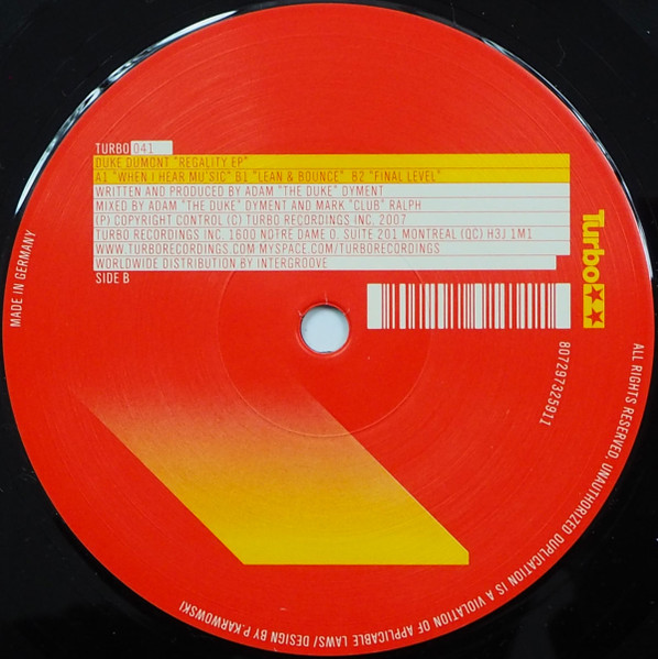 Duke Dumont - Regality EP, Electronic, Breaks, Electro, Techno, 2007 - Turbo, Canada, Vinyl 1x 12", EP, 45 RPM, 33 ⅓ RPM