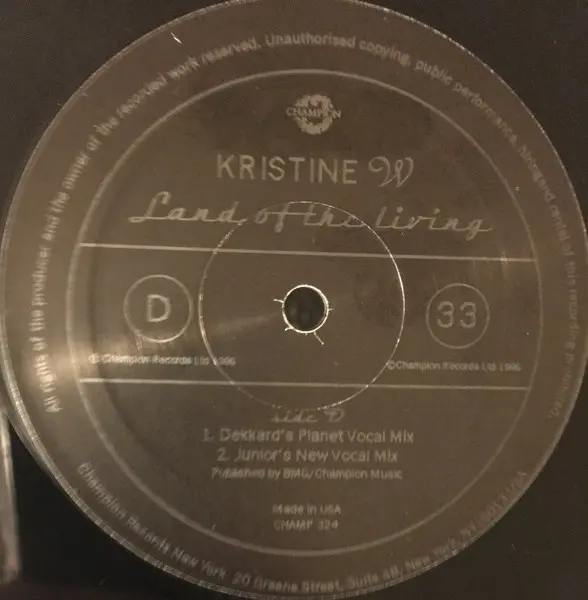 Kristine W - Land Of The Living, Electronic, Deep House, House, Progressive House, 1996 - Champion, US, Vinyl 2x 12"