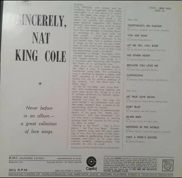 Nat King Cole - Sincerely, Nat King Cole, Jazz, Pop, Easy Listening, Vocal, Capitol Records, Australia, Vinyl 1x LP, Album, R