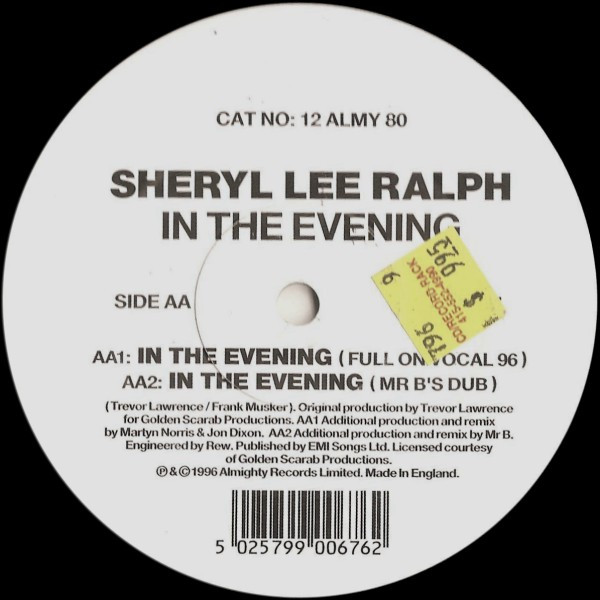 Sheryl Lee Ralph - In The Evening, Electronic, Euro House, Hi NRG, 1996 - Almighty Records, UK, Vinyl 1x 12", 33 ⅓ RPM