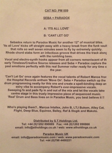 Seba & Paradox Feat Robert Manos - It's All Love / Can't Let Go, Electronic, Drum n Bass, 2005 - Paradox Music, UK, Vinyl 1x 