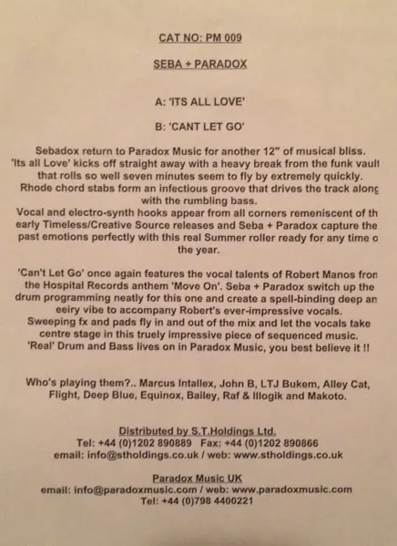 Seba & Paradox Feat Robert Manos - It's All Love / Can't Let Go, Electronic, Drum n Bass, 2005 - Paradox Music, UK, Vinyl 1x 