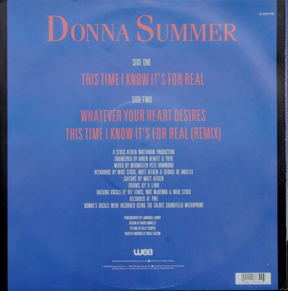 Donna Summer - This Time I Know It's For Real, Electronic, Disco, Synth-pop, 1989 - WEA, Australia, Vinyl 1x 12", Single, 45 