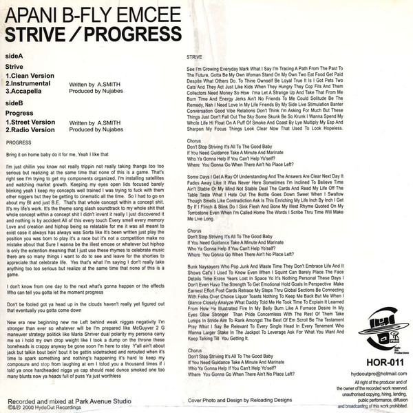 Apani B. Fly - Strive / Progress, Hip Hop, Conscious, Jazzy Hip-Hop, 2000 - Hyde Out Productions, Japan, Vinyl 1x 12", 33 ⅓ R