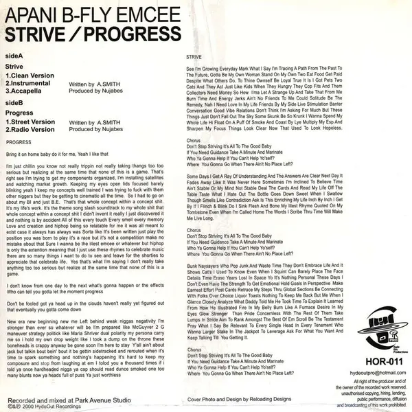 Apani B. Fly - Strive / Progress, Hip Hop, Conscious, Jazzy Hip-Hop, 2000 - Hyde Out Productions, Japan, Vinyl 1x 12", 33 ⅓ R