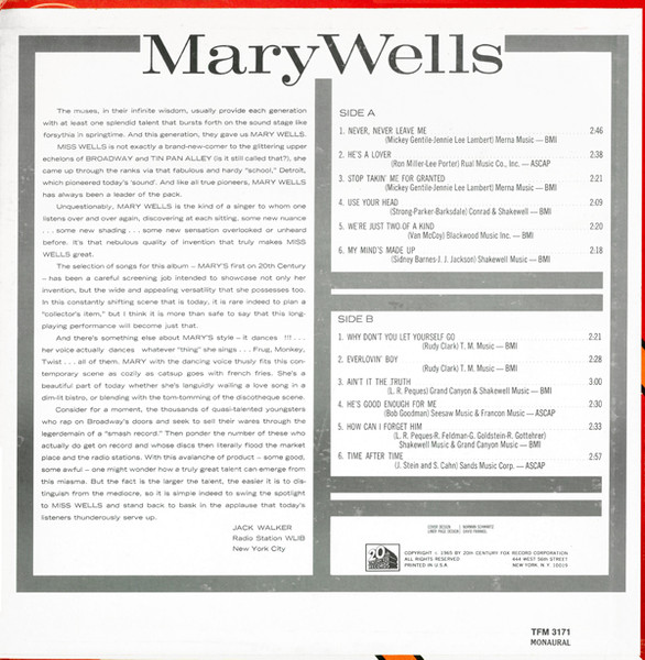 Mary Wells - Mary Wells, Funk / Soul, Pop, Soul, 1965 - 20th Century Fox Records, US, Vinyl 1x LP, Album, Mono Pitman Pressin