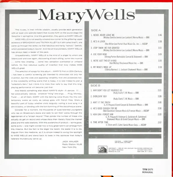 Mary Wells - Mary Wells, Funk / Soul, Pop, Soul, 1965 - 20th Century Fox Records, US, Vinyl 1x LP, Album, Mono Pitman Pressin