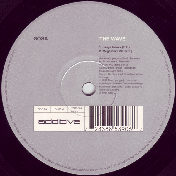 Sosa - The Wave, Electronic, Progressive Trance, Trance, 1998 - Additive, UK, Vinyl 1x 12", 33 ⅓ RPM
