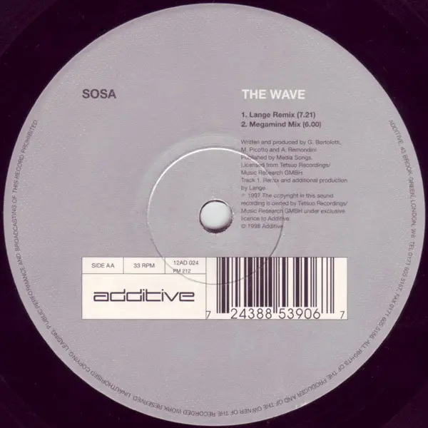Sosa - The Wave, Electronic, Progressive Trance, Trance, 1998 - Additive, UK, Vinyl 1x 12", 33 ⅓ RPM