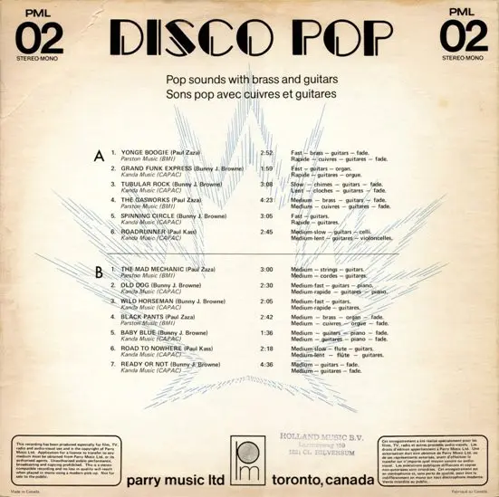 Various - Disco Pop, Funk / Soul, Jazz, Stage & Screen, Disco, Funk, Jazz-Funk, Psychedelic, 1977 - Parry Music Ltd, Canada, 
