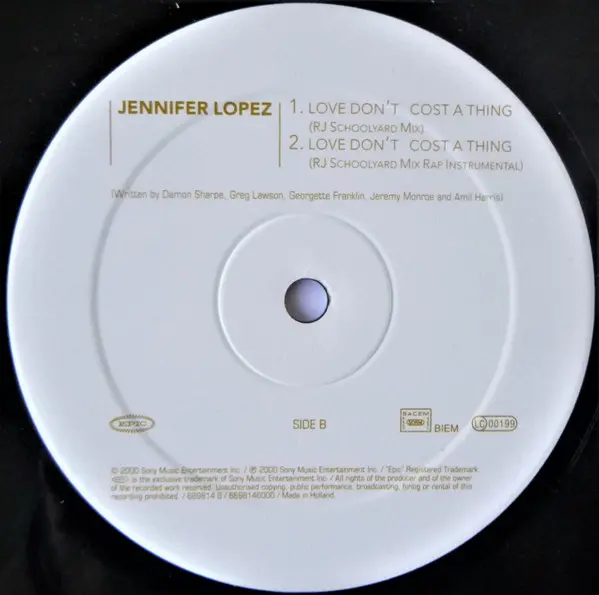 Jennifer Lopez - Love Don't Cost A Thing, Electronic, Hip Hop, Contemporary R&B, House, 2000 - Epic, Europe, Vinyl 1x 12", 33