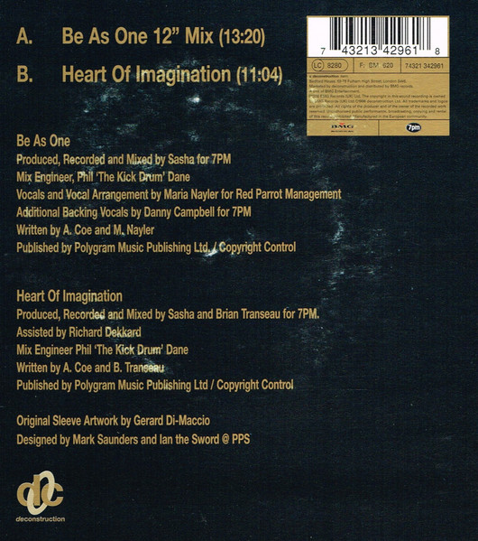 Sasha & Maria Nayler - Be As One, Electronic, Progressive House, Progressive Trance, 1996 - Deconstruction, UK, Vinyl 1x 12",