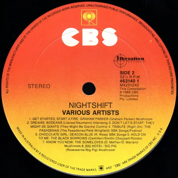 Various - Nightshift. Music From The Video Show, Pop, Rock, Alternative Rock, Indie Rock, 1988 - CBS, Liberation Records, Aus