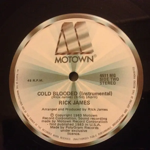 Rick James - Cold Blooded, Electronic, Funk / Soul, Disco, Electro, 1983 - Gordy, Motown, Australasia, Vinyl 1x 12", 45 RPM, 