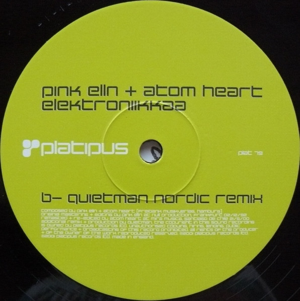 Pink Elln & Atom Heart - Elektroniikkaa, Electronic, Progressive House, Trance, 2001 - Platipus, UK, Vinyl 1x 12", 33 ⅓ RPM