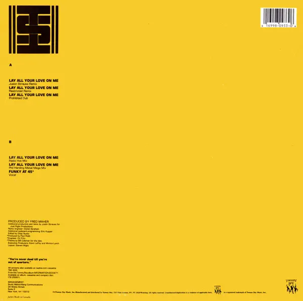 Information Society - Lay All Your Love On Me, Electronic, Synth-pop, Techno, 1989 - Tommy Boy, US, Vinyl 1x 12", 33 ⅓ RPM, S