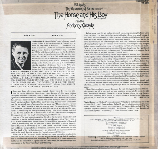 C.S. Lewis - The Chronicles Of Narnia: The Horse And His Boy (Abridged), Non-Music, Audiobook, 1980 - Caedmon Records, US, Vi