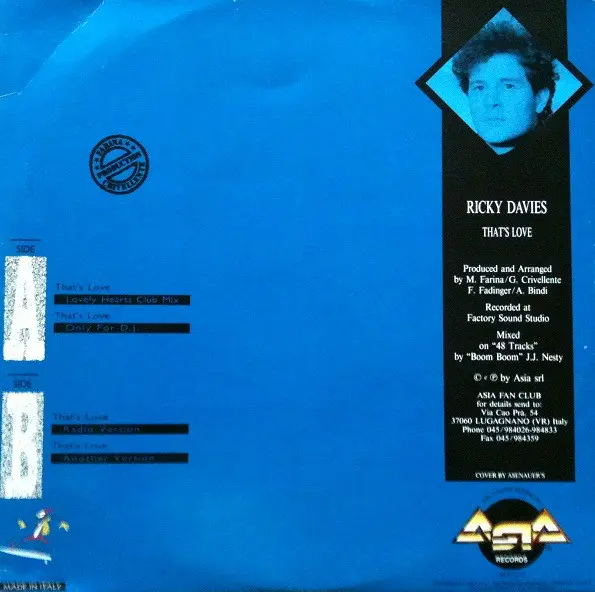 Ricky Davies - That's Love, Electronic, Eurobeat, Hi NRG, 1990 - Asia Records, Italy, Vinyl 1x 12", 45 RPM
