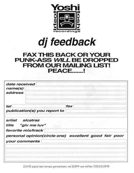 Alcatraz - Giv Me Luv, Electronic, House, 1995 - Yoshitoshi Recordings, US, Vinyl 1x 12", 33 ⅓ RPM, Test Pressing