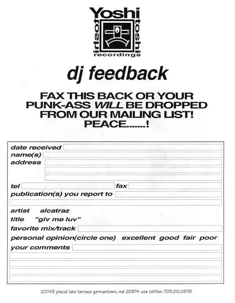 Alcatraz - Giv Me Luv, Electronic, House, 1995 - Yoshitoshi Recordings, US, Vinyl 1x 12", 33 ⅓ RPM, Test Pressing