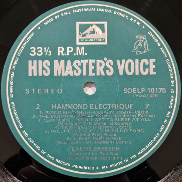 Claude Papesch - Hammond Electrique, Blues, Funk / Soul, Jazz, Jazz-Funk, 1974 - His Master's Voice, Australia, Vinyl 1x LP, 