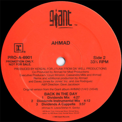 Ahmad (2) - Back In The Day, Hip Hop, 1994 - Giant Records, US, Vinyl 1x 12", Promo, 33 ⅓ RPM