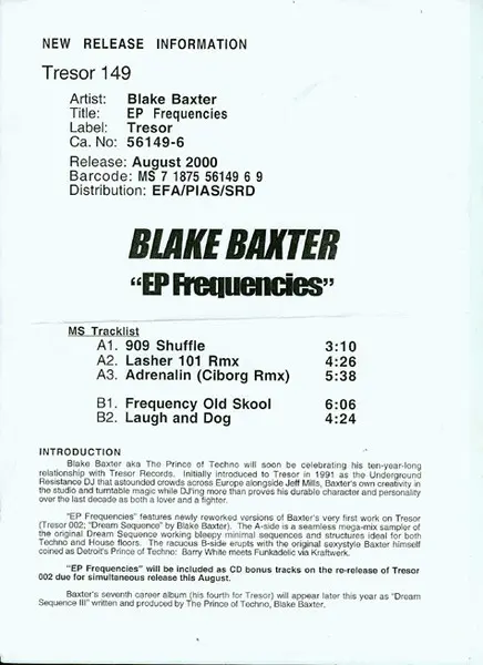 Blake Baxter - EP Frequencies, Electronic, House, Techno, 2000 - Tresor, Germany, Vinyl 1x 12", EP, White Label, Promo, Parti