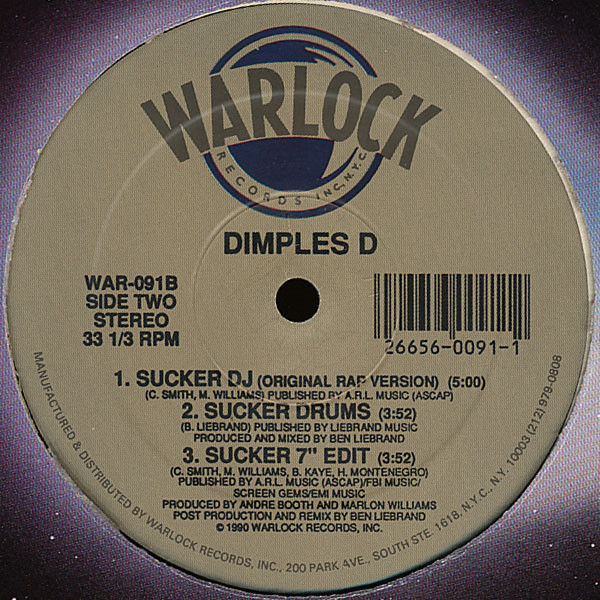 Dimples D - Sucker DJ, Hip Hop, Hip-House, Pop Rap, 1990 - Warlock Records, US, Vinyl 1x 12", 33 ⅓ RPM