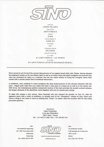 John Tejada - Antithesis, Electronic, Techno, 2002 - Sino, Hong Kong, Vinyl 1x 12", 33 ⅓ RPM, 45 RPM